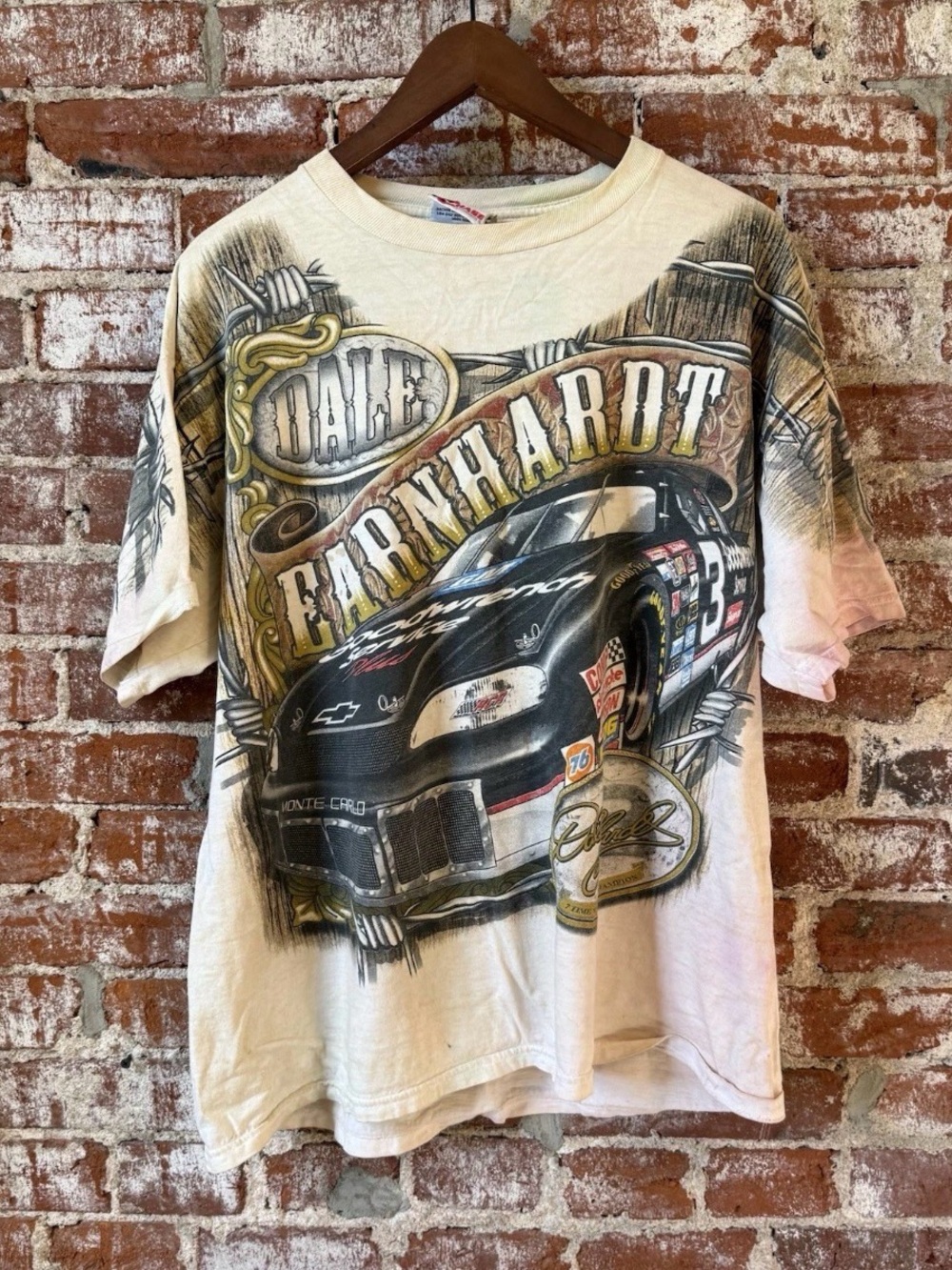 VTG Dale Earnhardt Sr AOP Shirt Mens Sz L Chase Authentics Barb Wire Made USA